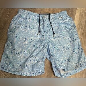 Peter Millar Men’s Lined Swim Trunks Shorts Blue Nautical Print L